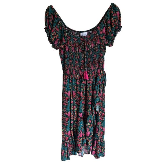 MARGAUX RIVIERA Black Floral Smocked Midi Dress Size Medium - Picture 1 of 9